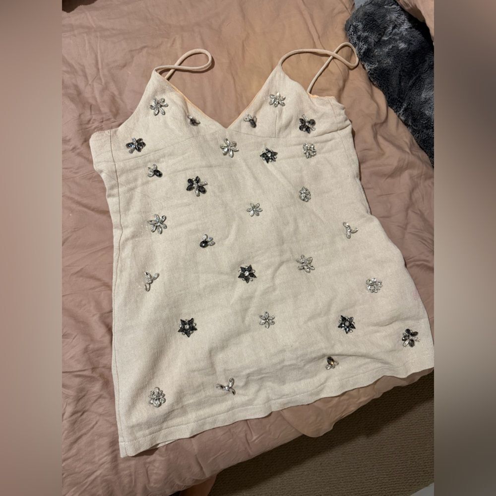 Zara Cream Embellished Sleeveless Mini Dress L